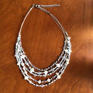 Elegant Multi Strand Necklace, Silver, White, Clear, Seed Pearls